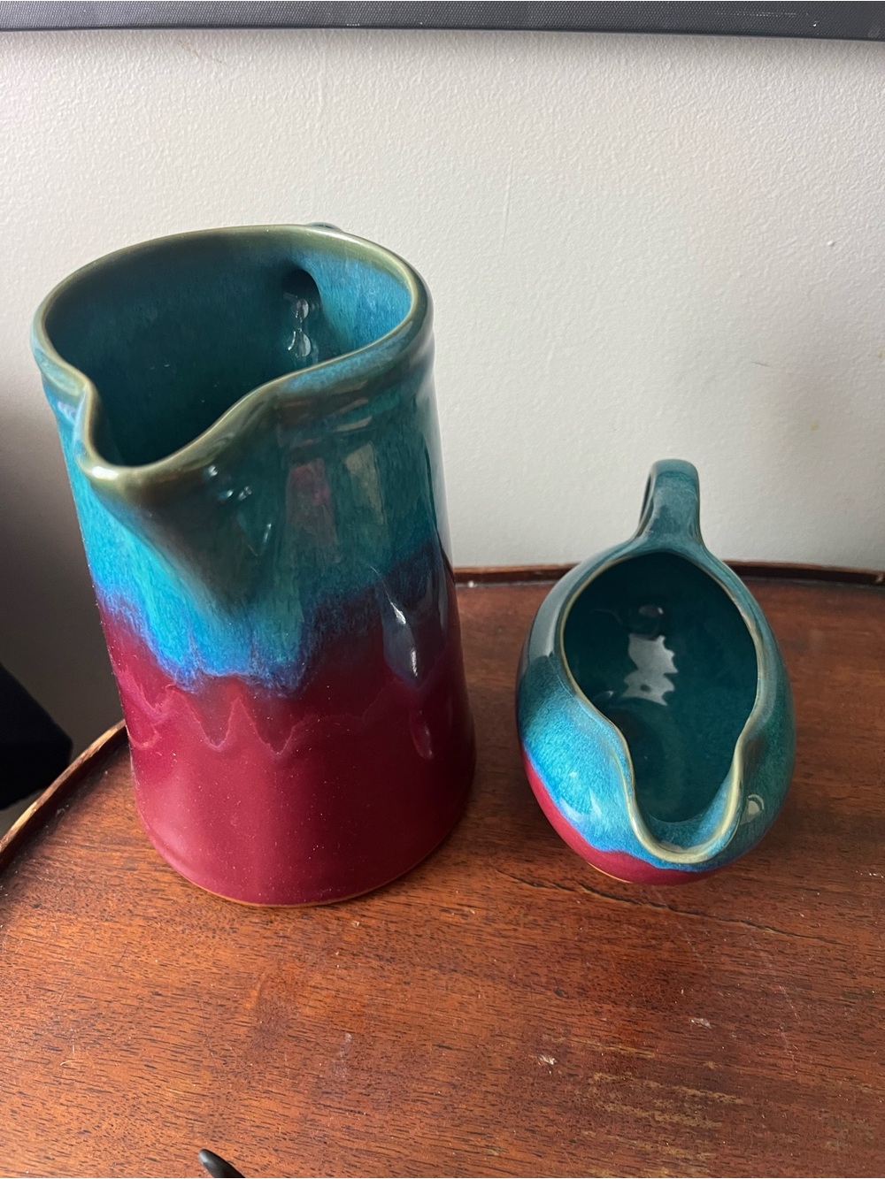 Hutton house pottery  Teal and Burgundy  Pitcher and Creamer Set